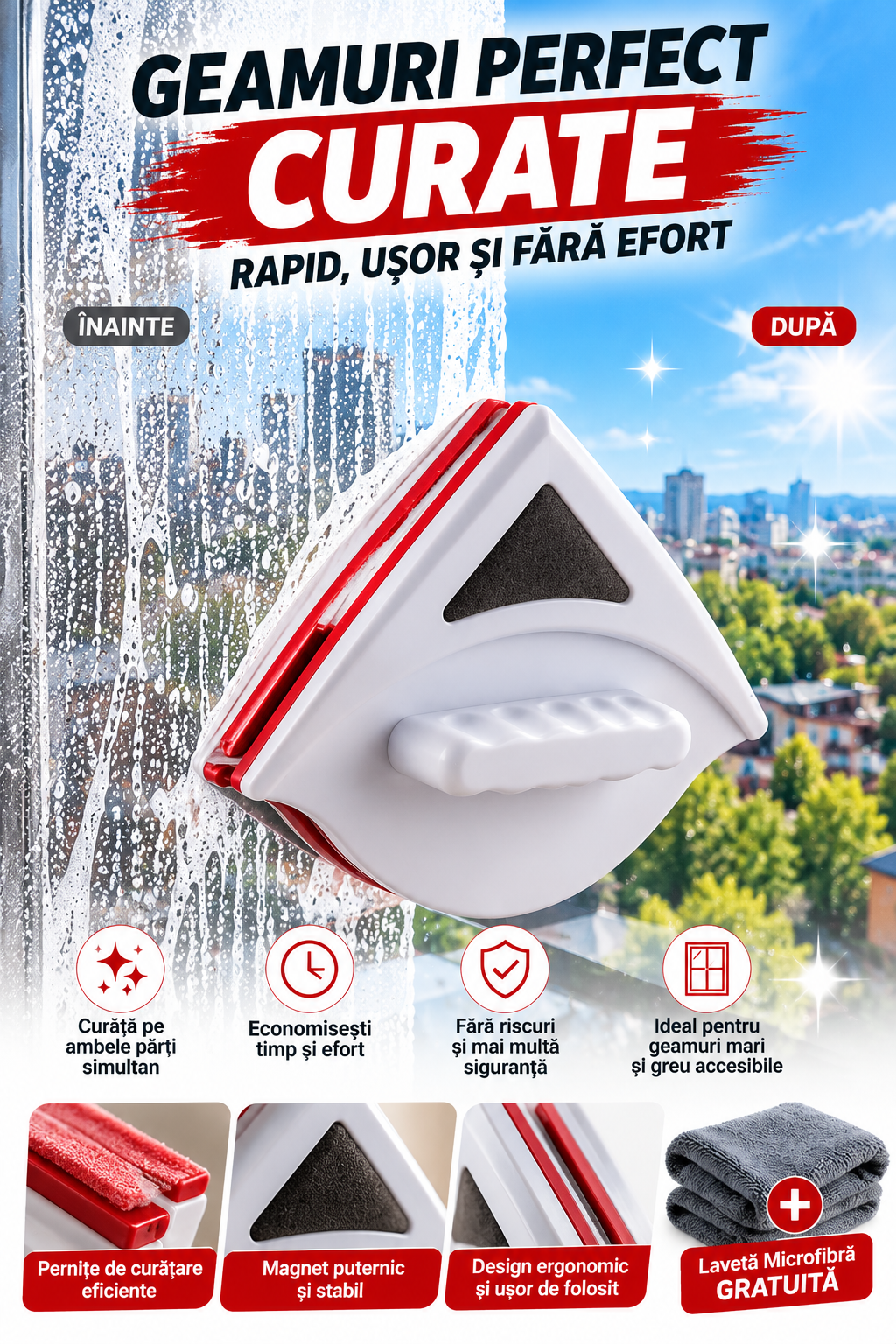 Curățător Magnetic pentru Geamuri – MagnetFix + Lavetă Microfibră GRATUIT