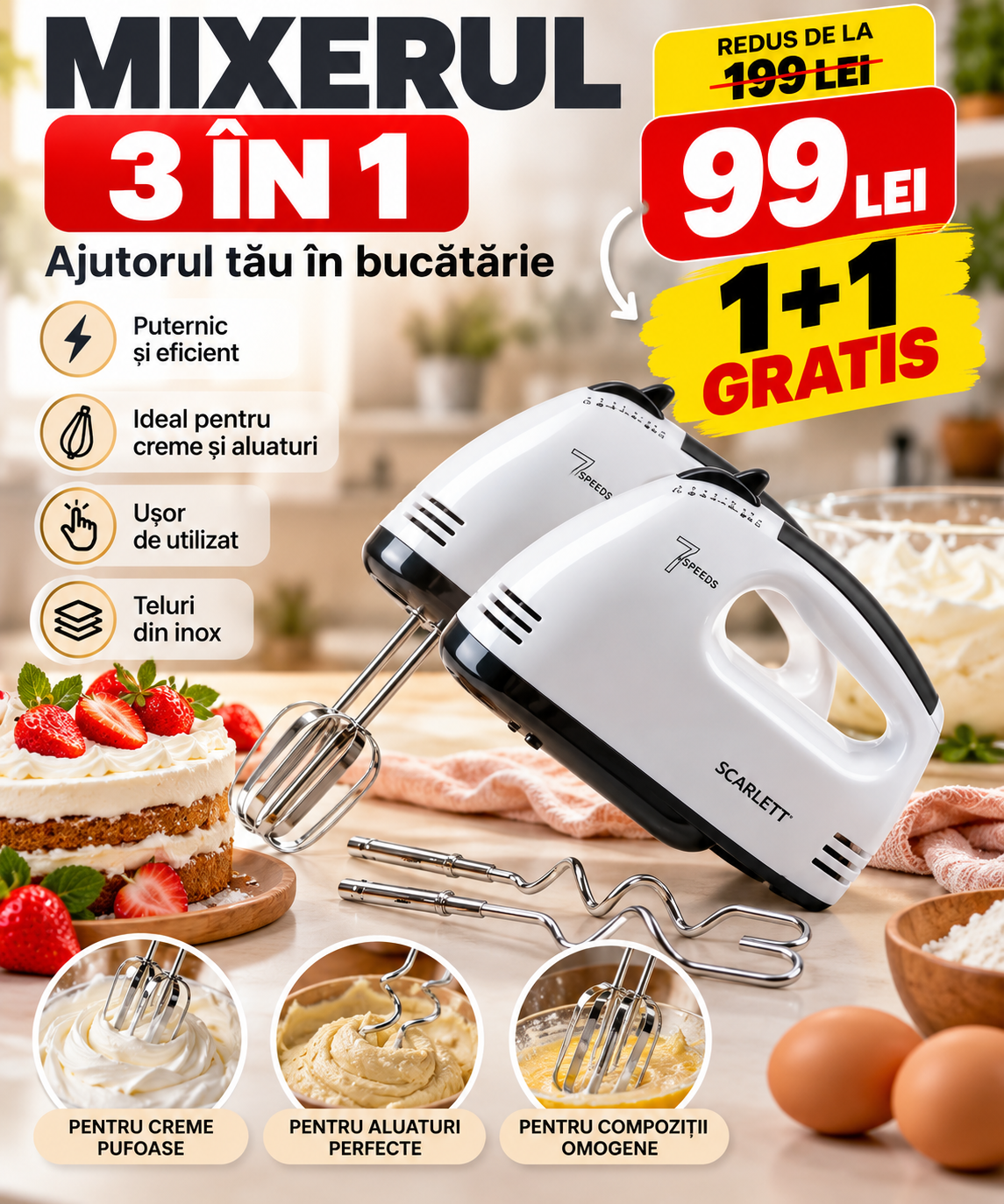 Mixerul 3 ÎN 1 - Ajutorul tău în bucătărie 1+1 GRATIS