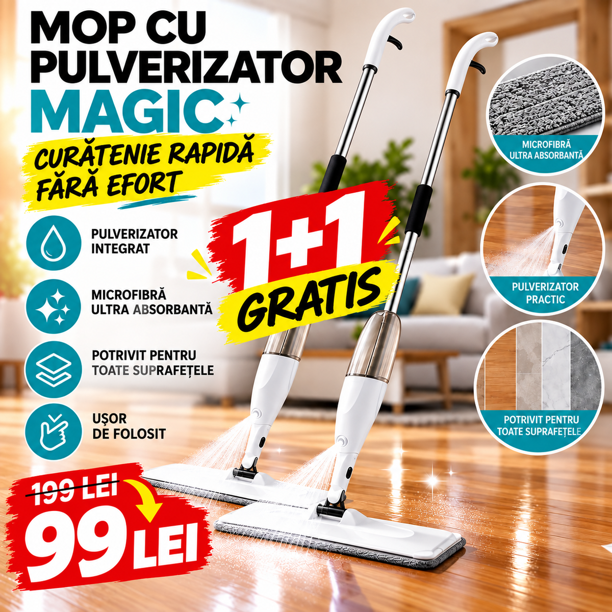 Mopul Magic – Pulverizator, Spray și Microfibră 1+1 GRATIS